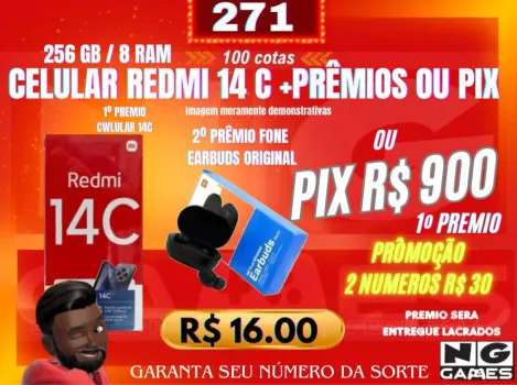 Ação 271 redmi 14c ou r$ 900 pix + prêmios 2º